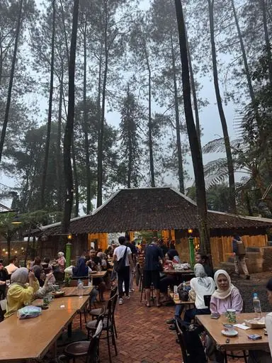 Pengunjung makan di Pasar Mistis di antara pohon pinus